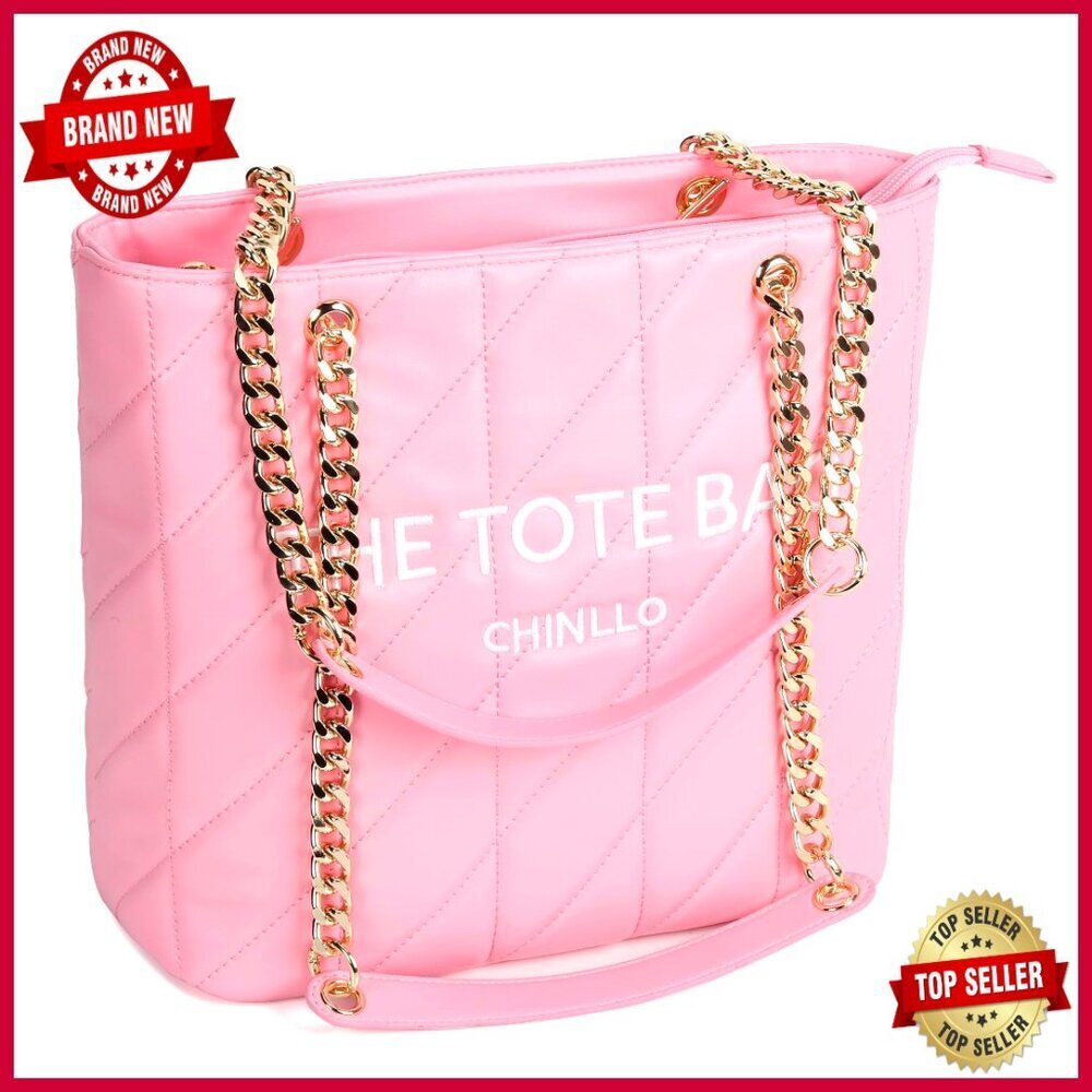 Large PU Leather Tote Bag with Zipper Compartments and Chain Strap
